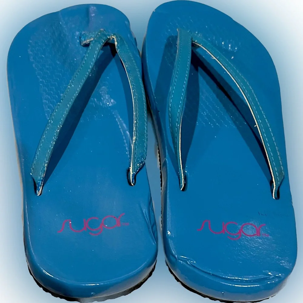 VTG RARE Y2K SUGAR FLIP FLOPS SANDALS SHOES BLUE PINK SZ M 7/8 BEACH POOL SWIM